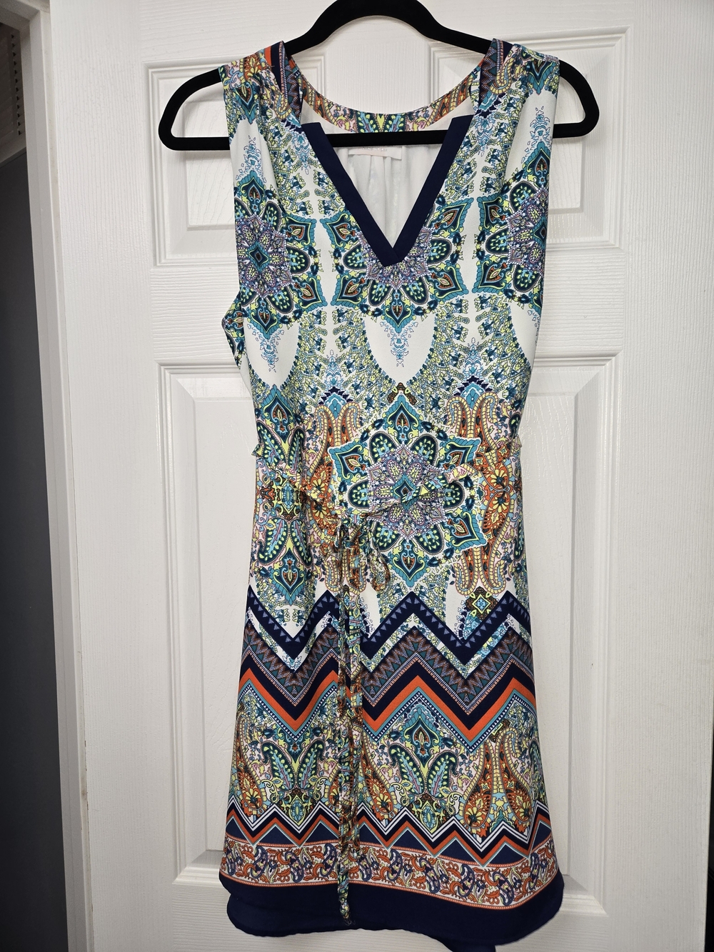 Renee C. Multicolor Printed V-Neck Mini Dress in Teal, Navy & Orange
